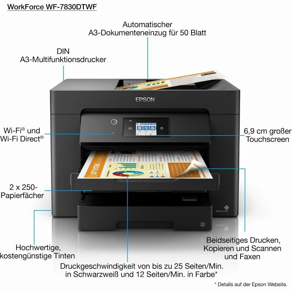 „Epson WorkForce WF-7830DTWF“ rašalinis spausdintuvas, A3, 4800 x 2400 DPI, „Wi-Fi“