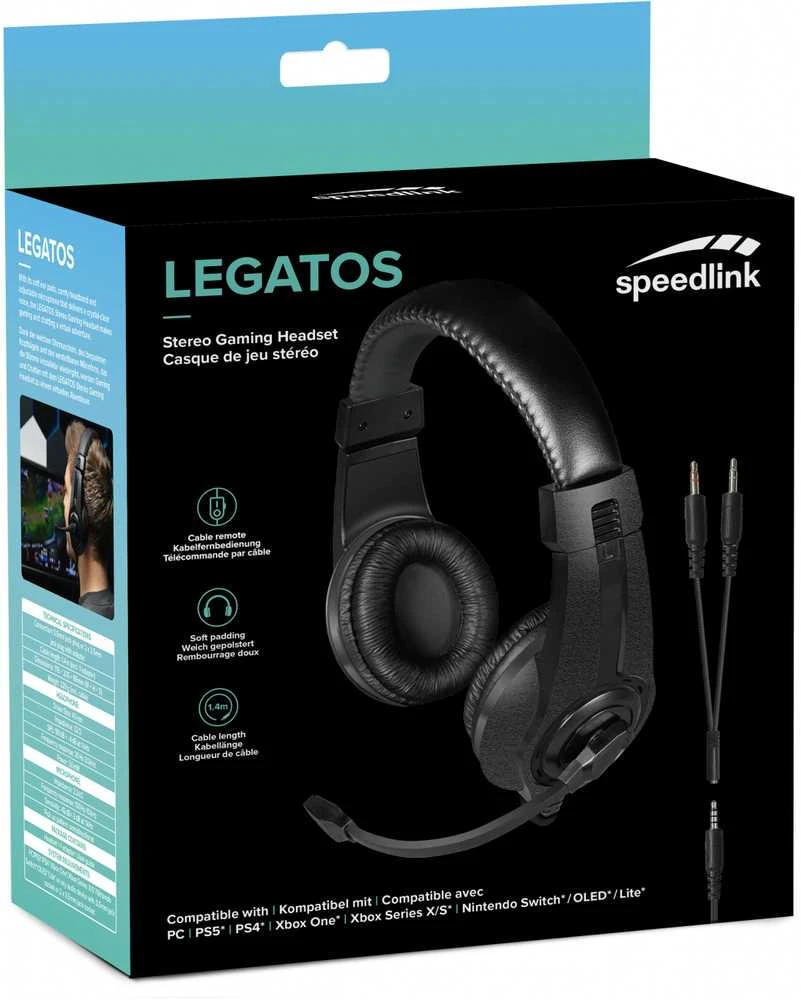 „Speedlink“ – „LEGATOS“ stereo žaidimų ausinės – skirtos PC / PS5 / PS4 / „XBOX Series X/S / Switch / OLED / Lite“, juodos