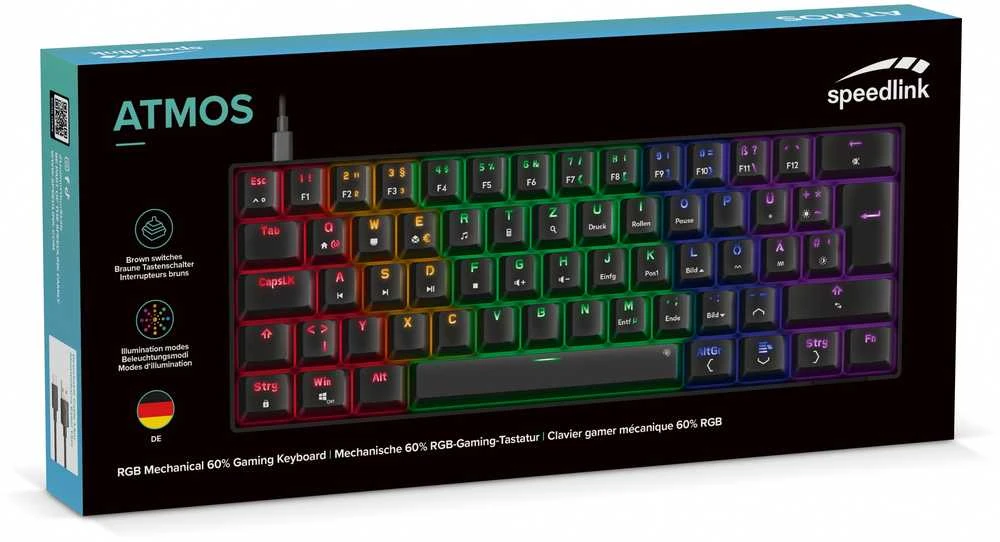 Speedlink ATMOS RGB Regenbogen Mechaninė 60% Klaviatūra žaidimams mit braunen Schaltern, juodas