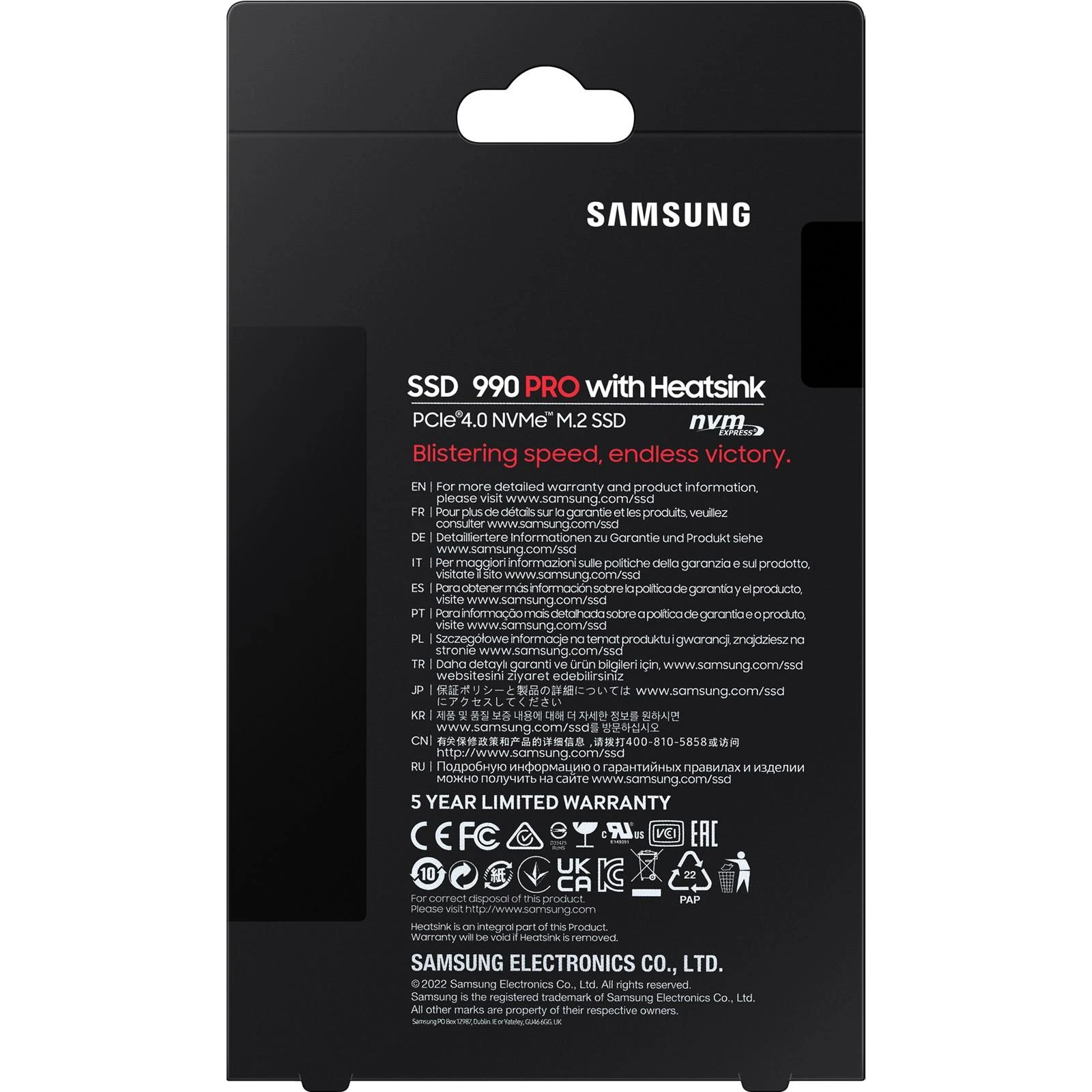 Vidinė atmintis SSD Samsung 990 PRO with Heatsink/1TB/M.2/PCIE/NVMe|MLC/Rašymo greitis 6900 MBytes/sec/Skaitymo greitis 7450 MBytes/sec/2.3mm/TBW 600 TB/MTBF 1500000 hours/MZ-V9P1T0CW