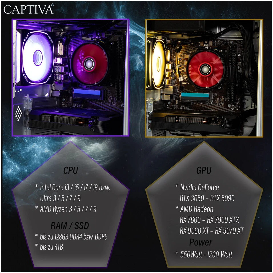 „Captiva Advanced Gaming R98-206“ stacionarus kompiuteris su AMD Ryzen 7 5700X procesoriumi, 32 GB RAM, 1 TB M.2 SSD disku, „Nvidia GeForce RTX 5060“ vaizdo plokšte, „Wi-Fi 6“, „Windows 11“ operacine sistema