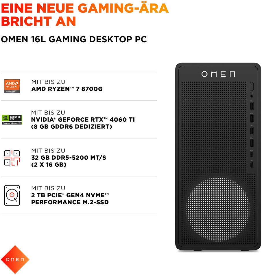 Stacionarus kompiuteris HP OMEN 16L TG03-0177ng Desktop PC AMD Ryzen 7 8700F, 32GB RAM, 1TB SSD, NVIDIA GeForce RTX 5060 Ti 16GB, Win11