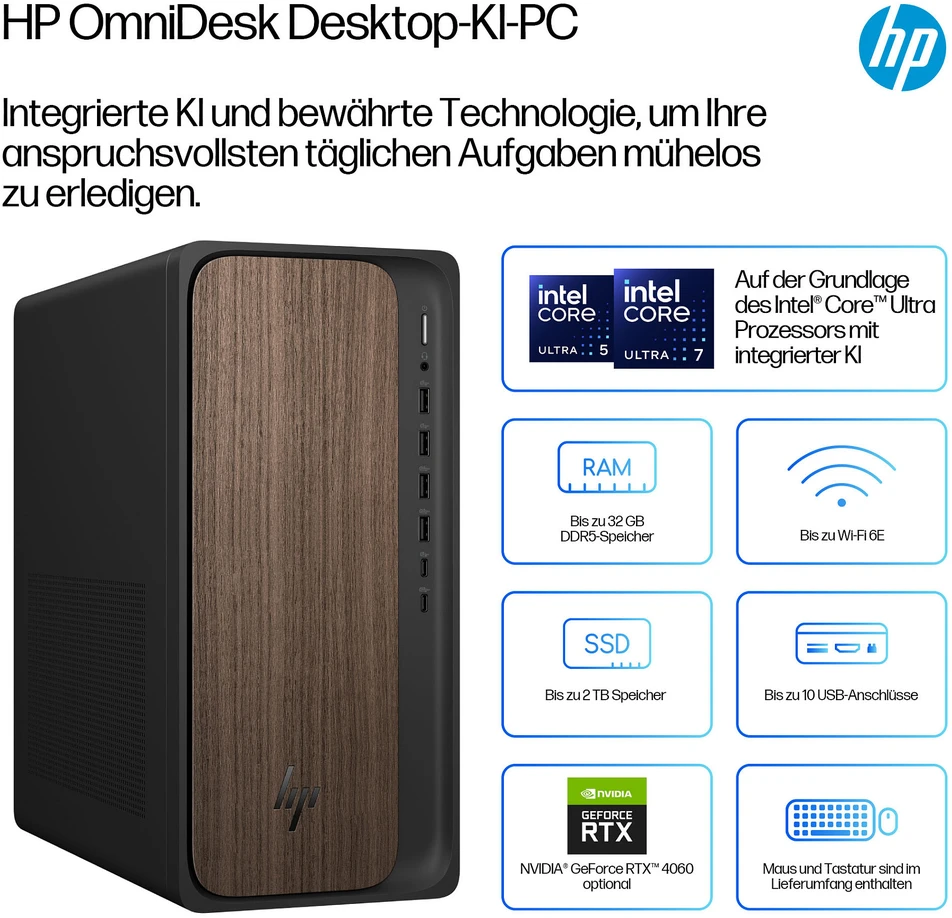 Stacionarus kompiuteris HP OmniDesk Desktop PC M03-0157ng Intel® Core Ultra 5 225, 16GB RAM, 1TB SSD, Intel UHD-Grafik, Win11