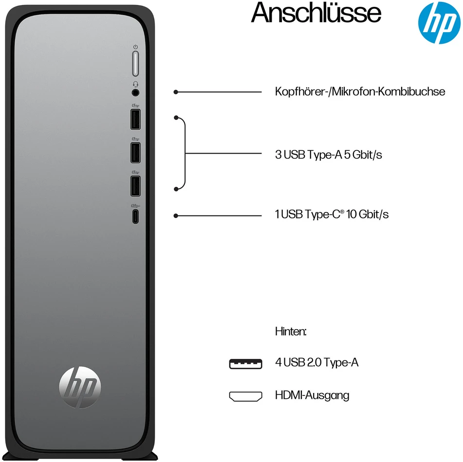 Stacionarus kompiuteris HP Slim Desktop S03-0136ng - Intel i3-14100, 16GB RAM, 512GB SSD, Intel HD Grafik, Windows 11 Home