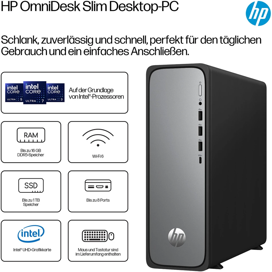 Stacionarus kompiuteris HP Slim Desktop S03-0136ng - Intel i3-14100, 16GB RAM, 512GB SSD, Intel HD Grafik, Windows 11 Home