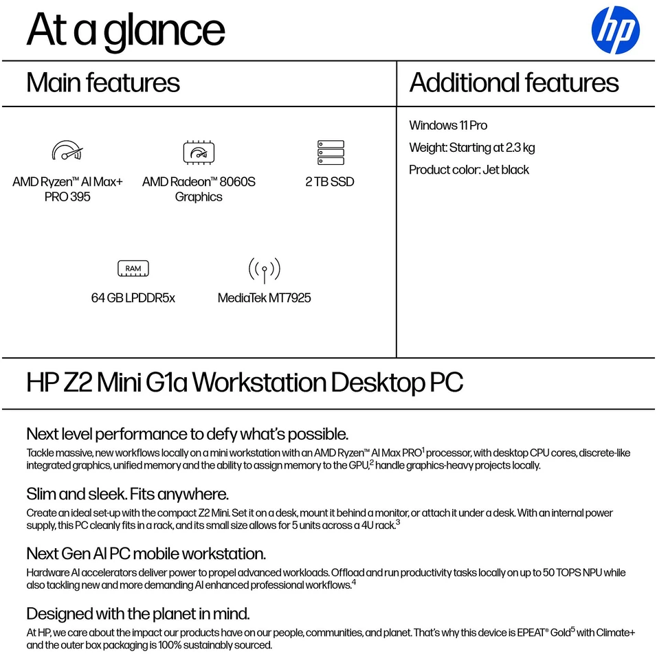 Stacionarus kompiuteris HP Z2 MINI G1A RYZEN AIMP395 - 64GB 2TB W11P6 WIFI7 NO KB/M