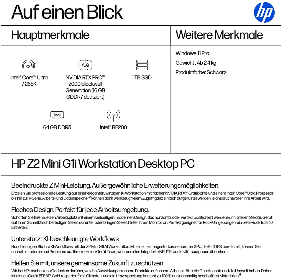 Stacionarus kompiuteris HP Z2 MINI G1I U7-265K – 64GB 1TB W11P6 WIFI7 PRO2000 B
