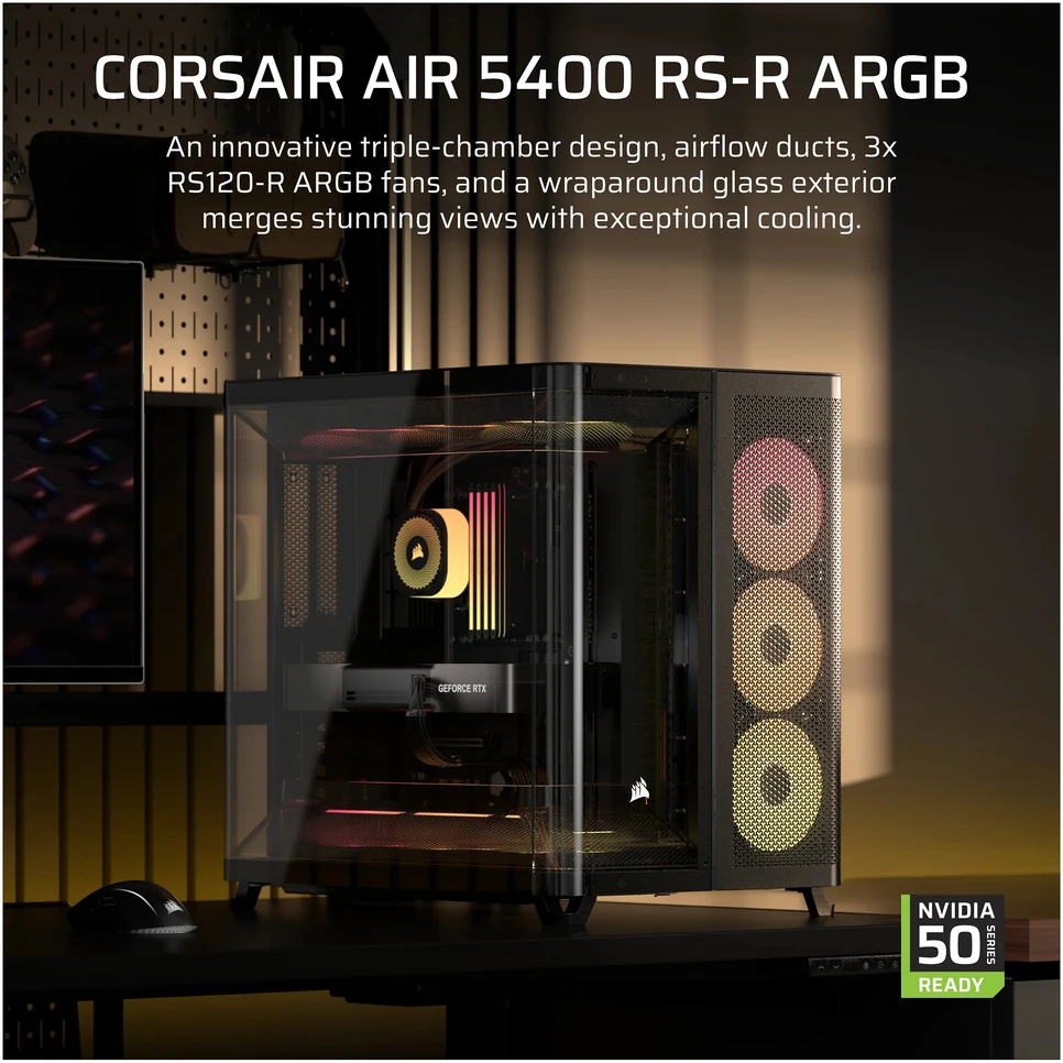 „Corsair AIR 5400 RS-R ARGB“ korpusas, vidutinio dydžio bokštas, grūdintas stiklas, RGB ir juodas, komplekte yra 3 x 120 mm ventiliatoriai