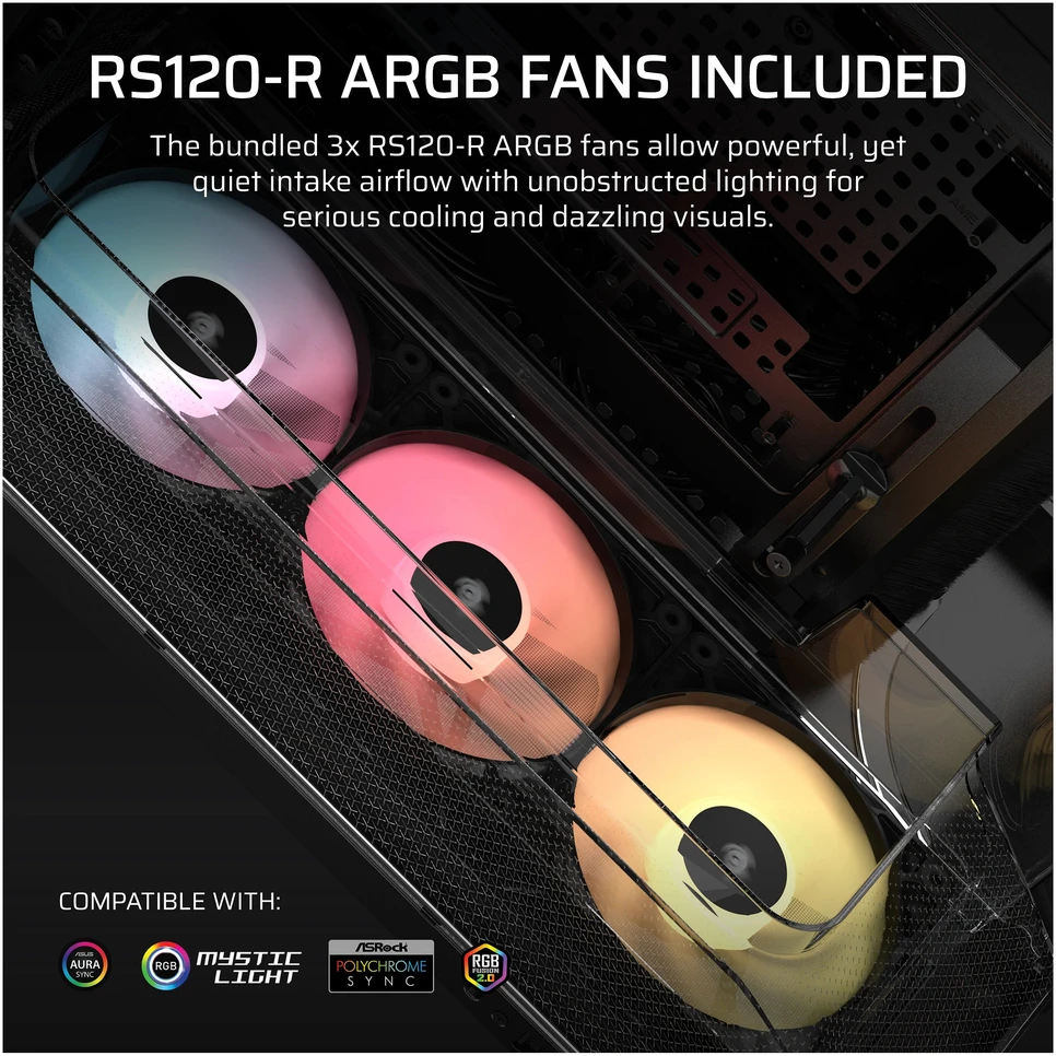 „Corsair AIR 5400 RS-R ARGB“ korpusas, vidutinio dydžio bokštas, grūdintas stiklas, RGB ir juodas, komplekte yra 3 x 120 mm ventiliatoriai