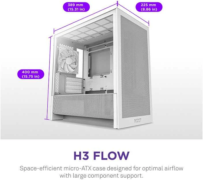 NZXT H3 Flow (2025) Micro-ATX kompiuterio korpusas, baltos spalvos