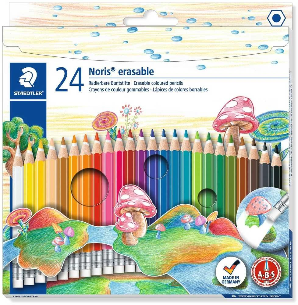 „Staedtler“ „Noris“ ištrinami spalvoti pieštukai su trintuku – 24 vnt. (144 50NC24)