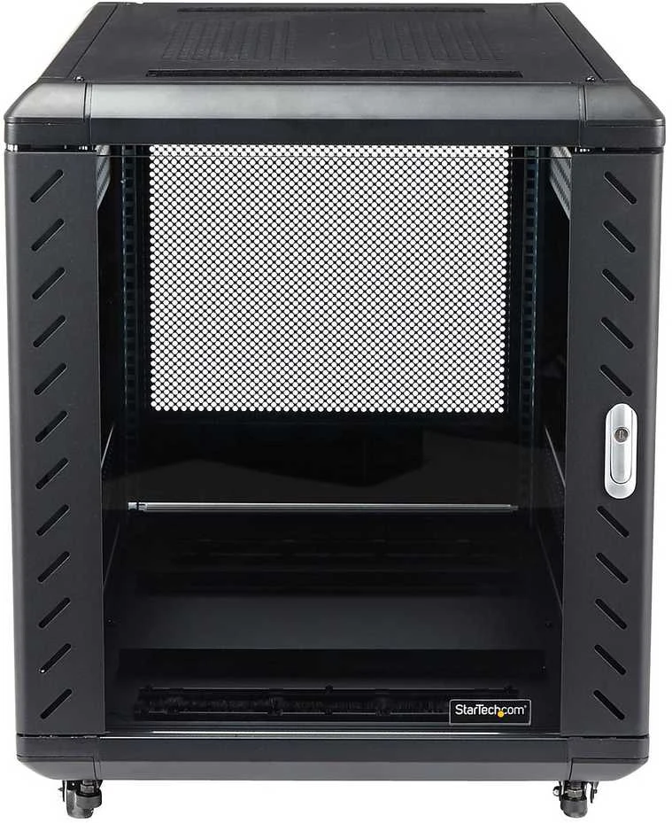StarTech.com 4 stulpų 12U serverio stelažo spintelė, užrakinama 19 colių duomenų stelažo spintelė kompiuteriams / AV / IT įrangai, biuro / namų tinklo stelažas su ratukais ir reguliuojamais tvirtinimo bėgeliais, laisvai pastatoma stelažas, 12U, 800 kg, rakto spyna, ratukai, 43,5kg