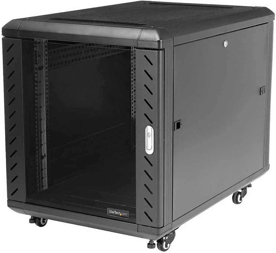StarTech.com 4 stulpų 12U serverio stelažo spintelė, užrakinama 19 colių duomenų stelažo spintelė kompiuteriams / AV / IT įrangai, biuro / namų tinklo stelažas su ratukais ir reguliuojamais tvirtinimo bėgeliais, laisvai pastatoma stelažas, 12U, 800 kg, rakto spyna, ratukai, 43,5kg