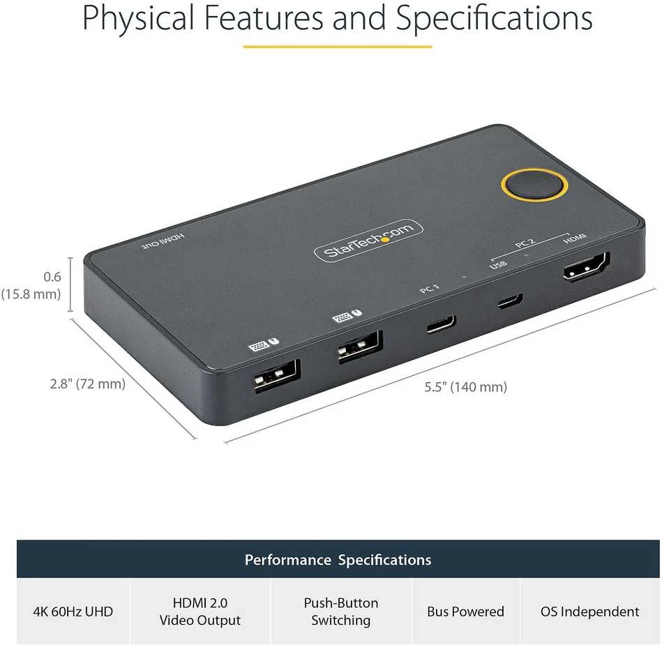 StarTech 2 PRIEDŲ HIBRIDINIS USB-C KVM JUNGIKLIS