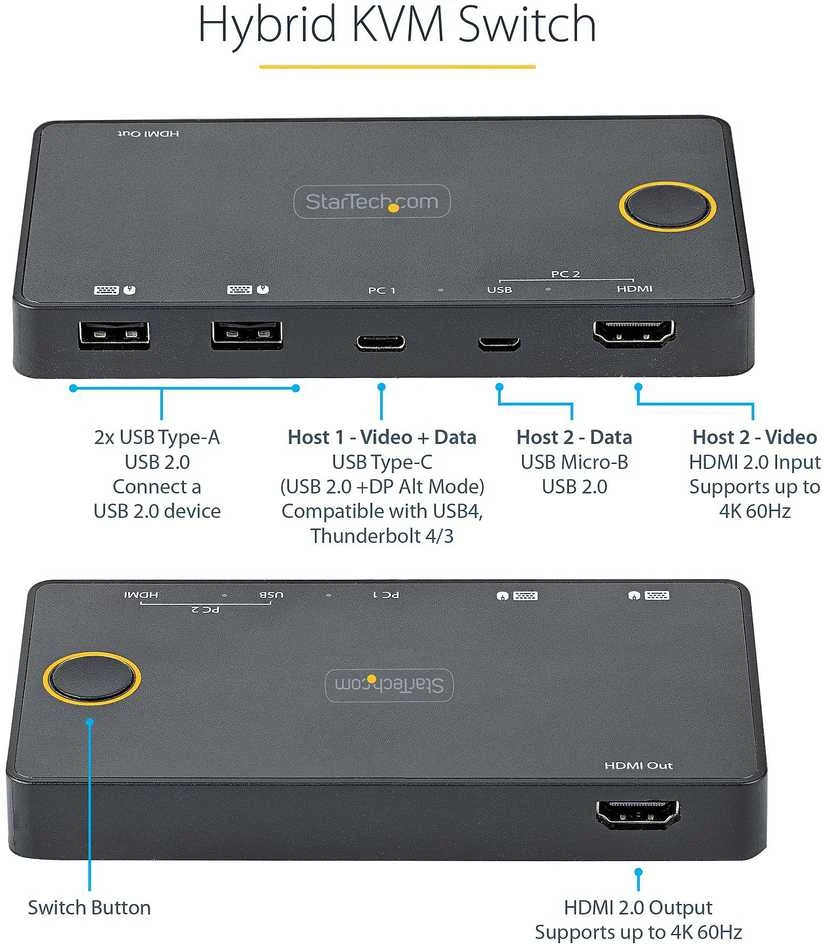StarTech 2 PRIEDŲ HIBRIDINIS USB-C KVM JUNGIKLIS