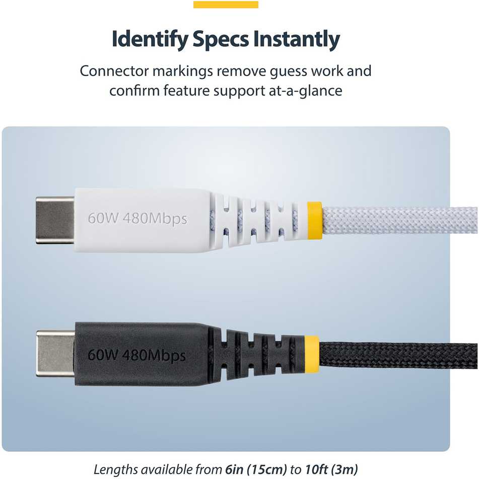 Kabelis USB StarTech USB-C do ładowania 2m USB 2.0 60 W PD 3 A Wytrzymały Baltas (USB2CC2MNCBRWH)