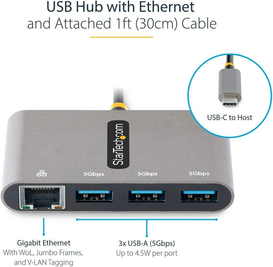 HUB USB StarTech HB30C3A1GEA2 1x RJ-45 + 3x USB-A 3.1 Gen1 (HB30C3A1GEA2)