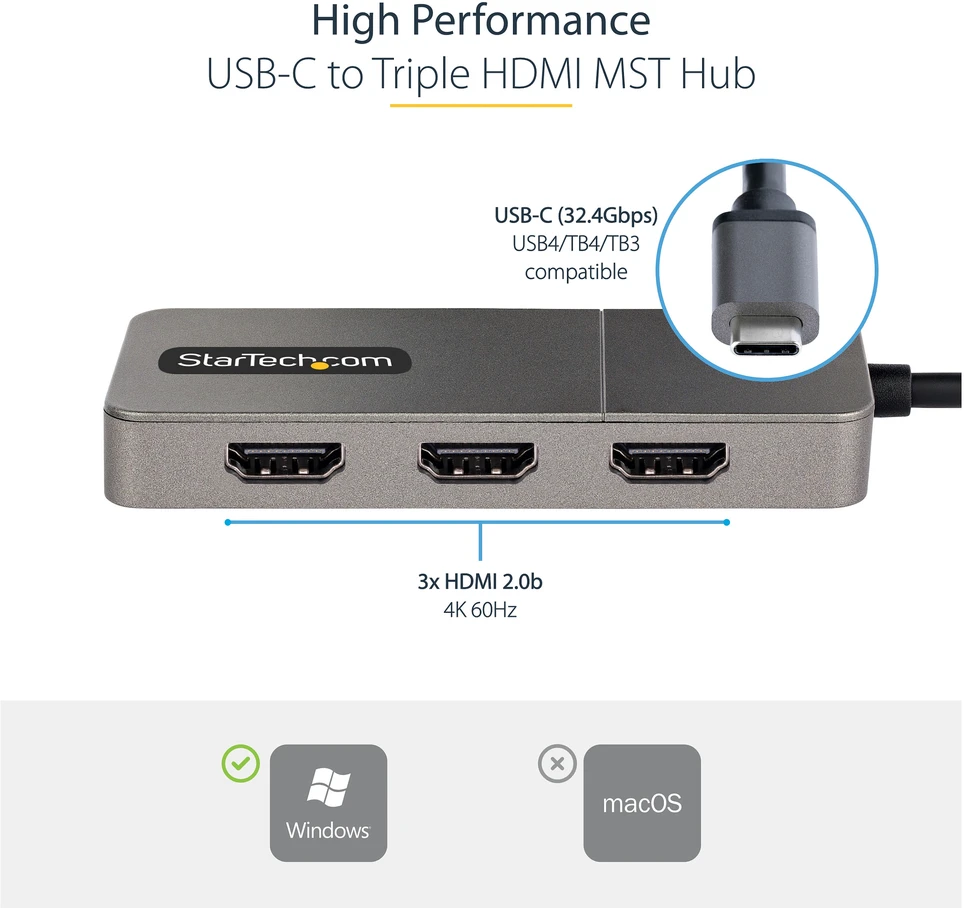 StarTech 3-PORT USB-C MST HUB 4K 60HZ/TRIPLE 4K 60HZ WINDOWS ONLY