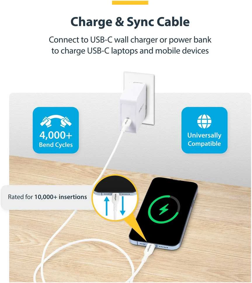„StarTech“ 1M Baltas USB-C įkrovimo laidas / 60 W maitinimo tiekimas M/M TYPE-C
