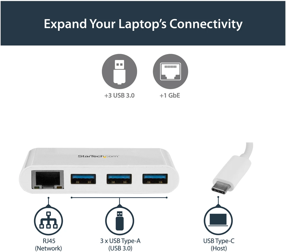 StarTech USB-A Hub 3 prievadai balti
