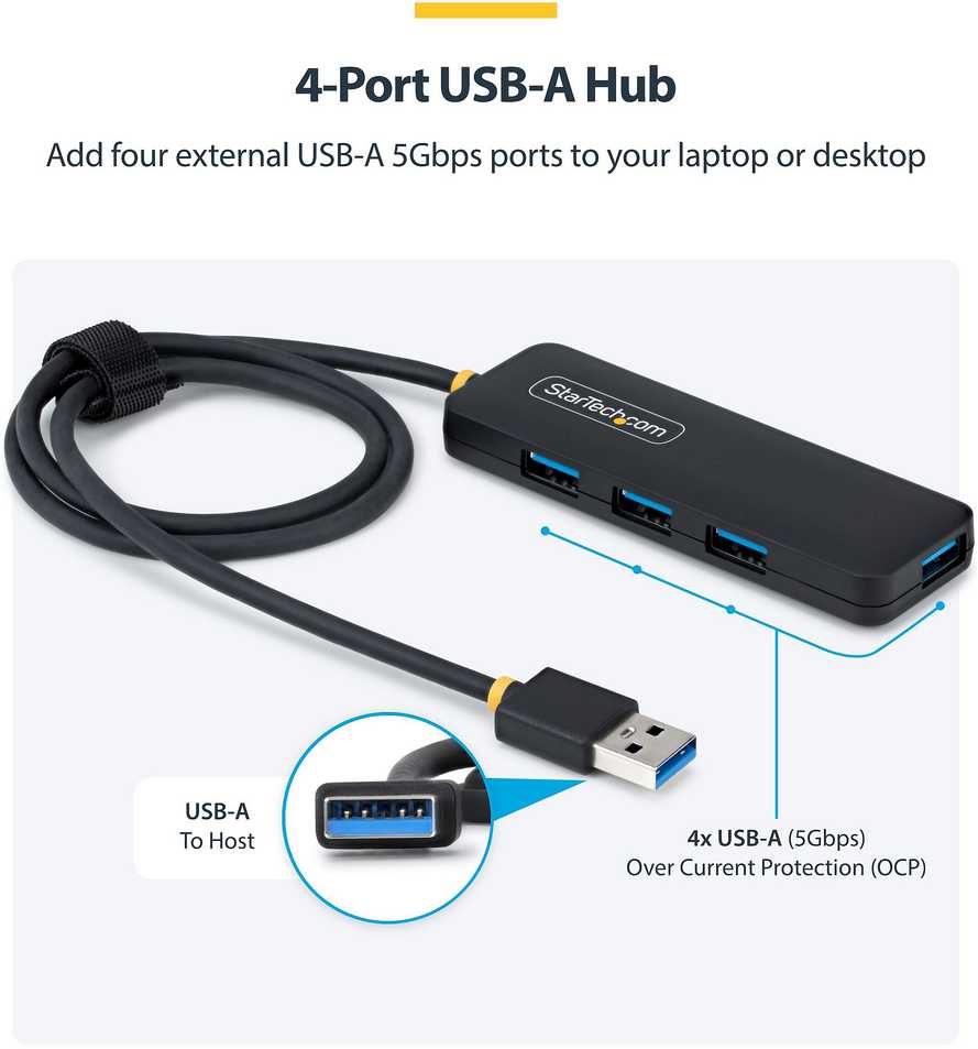 HUB USB StarTech 4-Port USB-A Hub USB 3.0 5Gbps Mini rozdzielacz USB zasilany su magistrali su kablem 61cm USB-A zu 4x USB-A Splitter