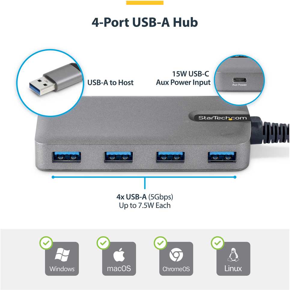 HUB USB StarTech STARTECH.COM 4-Port USB-A Hub 5Gbps Busbetrieben Typ A auf 4x USB-A 3.0 Hub USB-C-įkroviklis Port Mini Reisehub-Verteiler USB Splitter