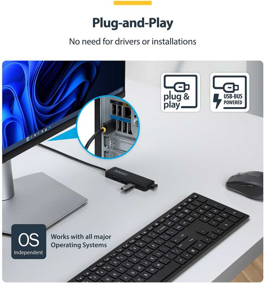 HUB USB StarTech 4-Port USB-A Hub USB 3.0 5Gbps Mini rozdzielacz USB zasilany su magistrali su kablem 61cm USB-A zu 4x USB-A Splitter