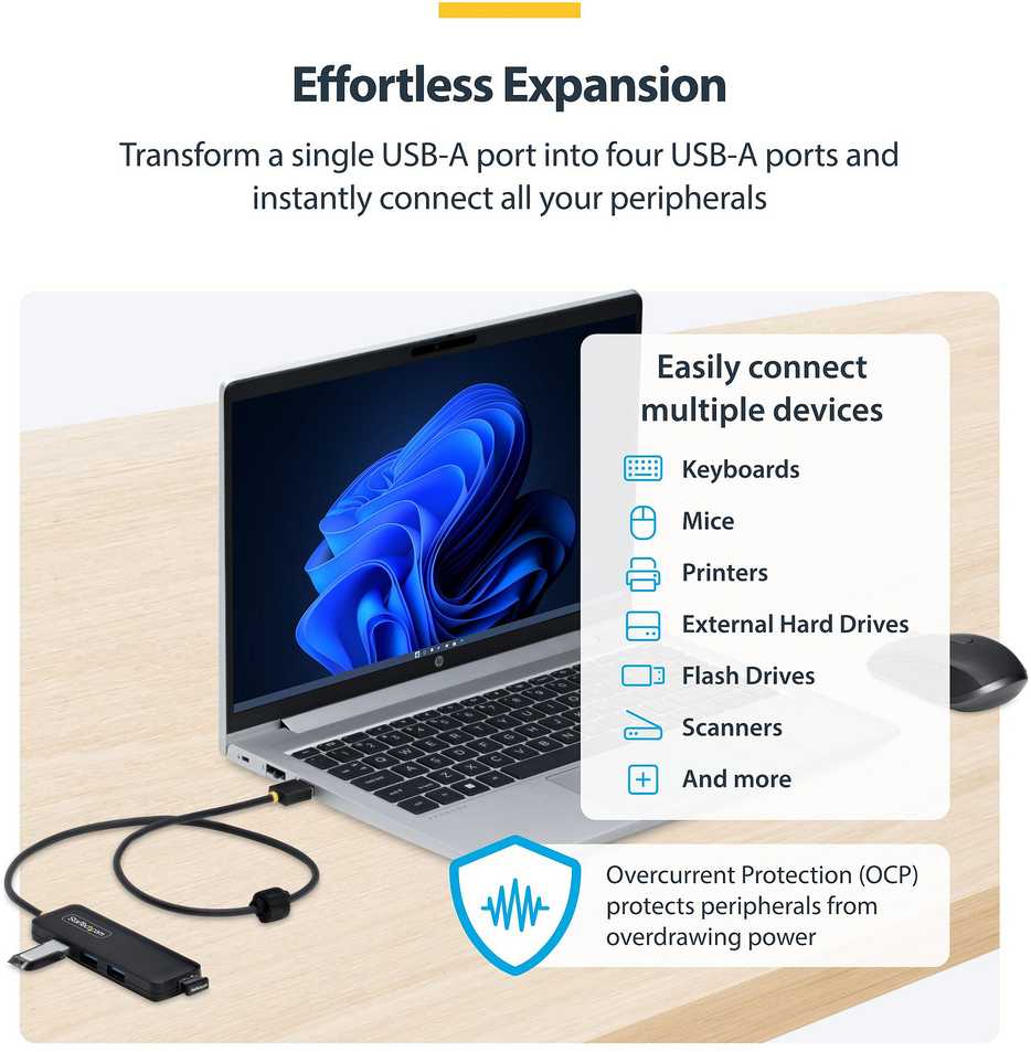 HUB USB StarTech 4-Port USB-A Hub USB 3.0 5Gbps Mini rozdzielacz USB zasilany su magistrali su kablem 61cm USB-A zu 4x USB-A Splitter