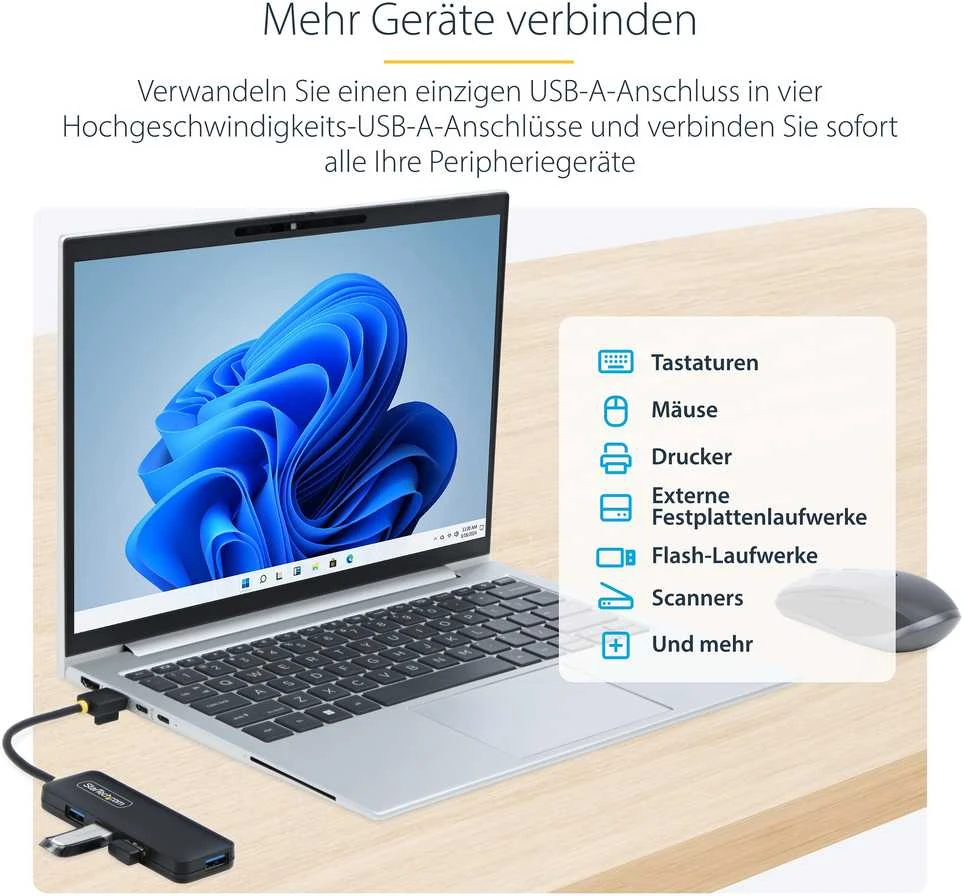 „StarTech“ 4 prievadų USB-A šakotuvas, 5 Gbps, nešiojamas / maitinamas