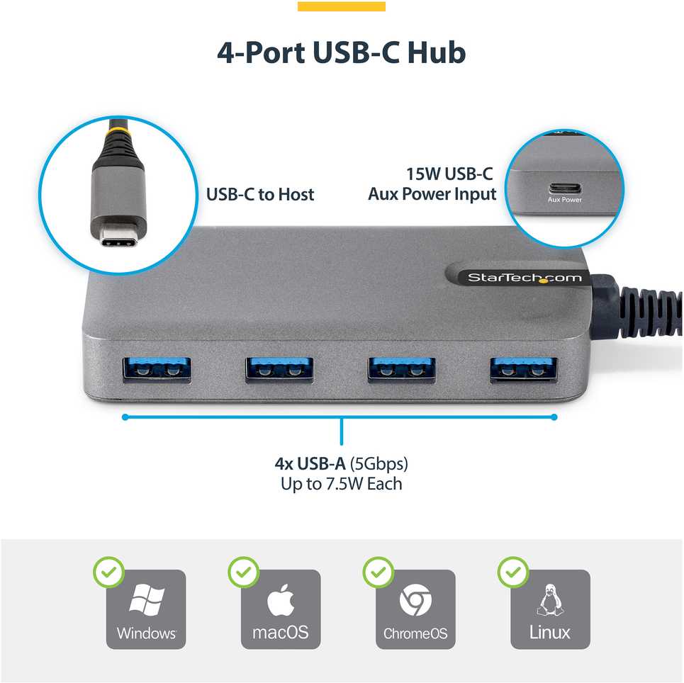HUB USB StarTech STARTECH.COM 4-Port USB-C Hub 5Gbps Busbetrieben USB-C zu USB-A Hub USB C-įkroviklis Port 30cm Kabelis Reisehub USBC auf A Adapteris