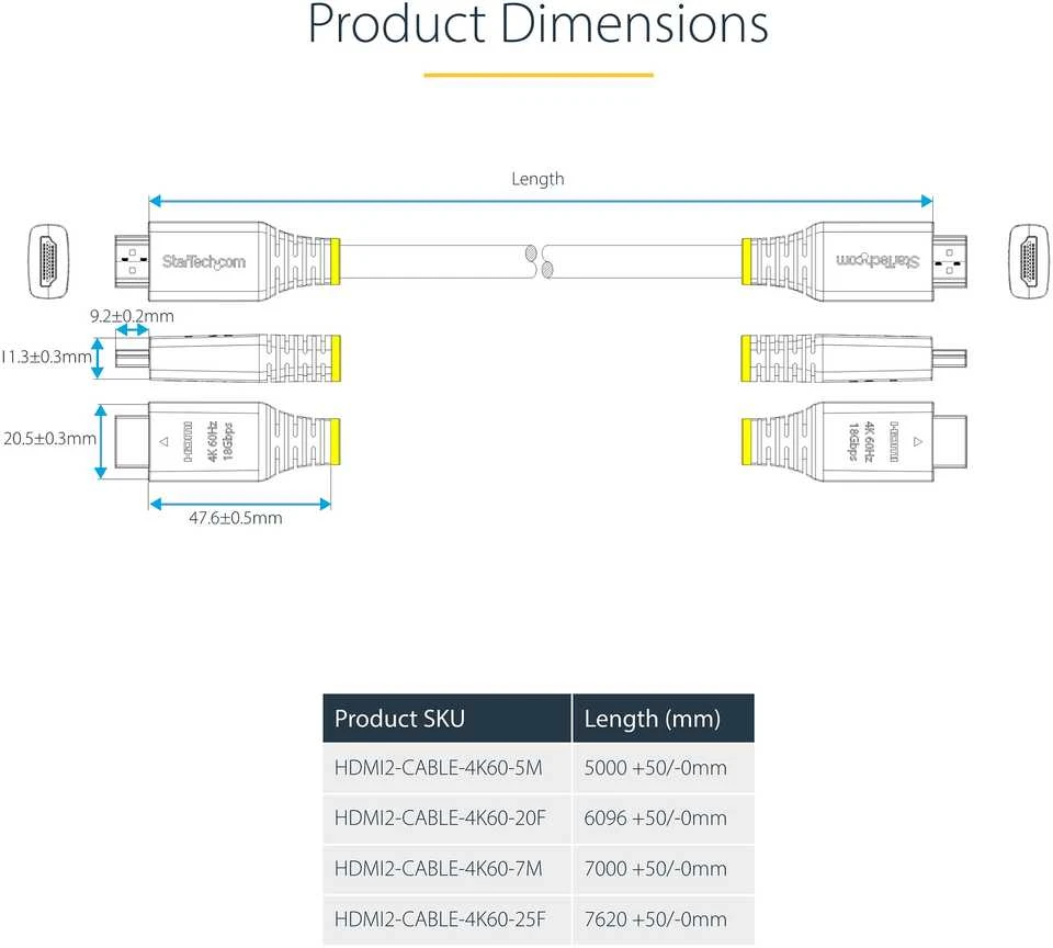 StarTech HDMI kabelio techninės specifikacijos ir išmatavimai