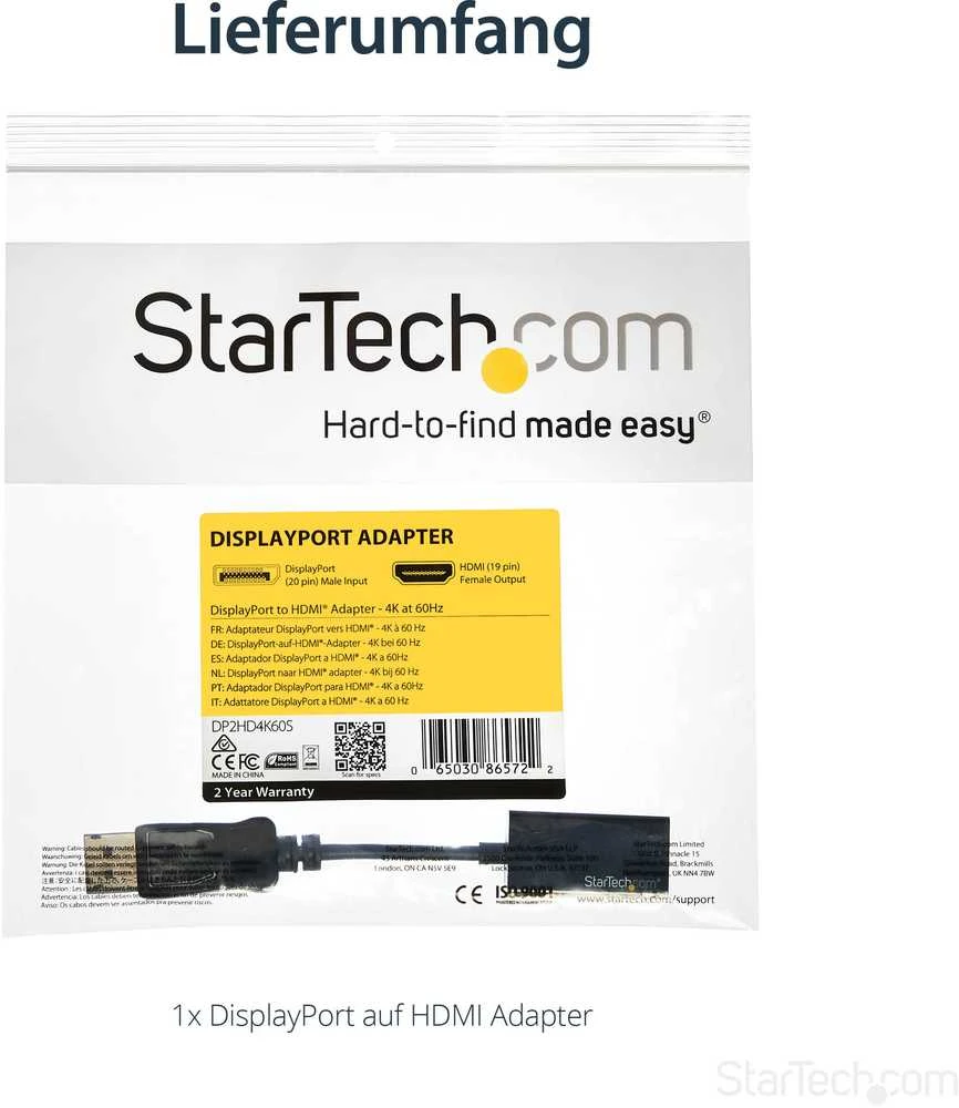 StarTech DP2HD4K60S DisplayPort aktyvusis adapteris 1x DP 1.4 kištukas iki 1x HDMI 2.0 A motelis