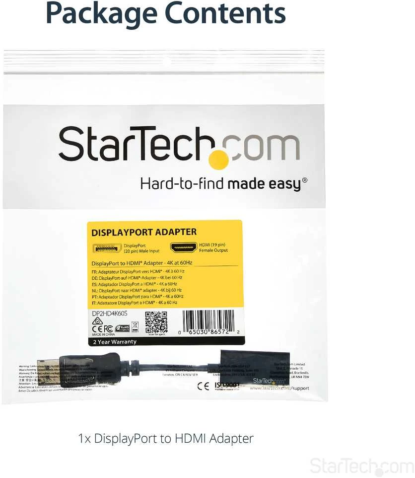 StarTech DP2HD4K60S DisplayPort aktyvusis adapteris 1x DP 1.4 kištukas iki 1x HDMI 2.0 A motelis