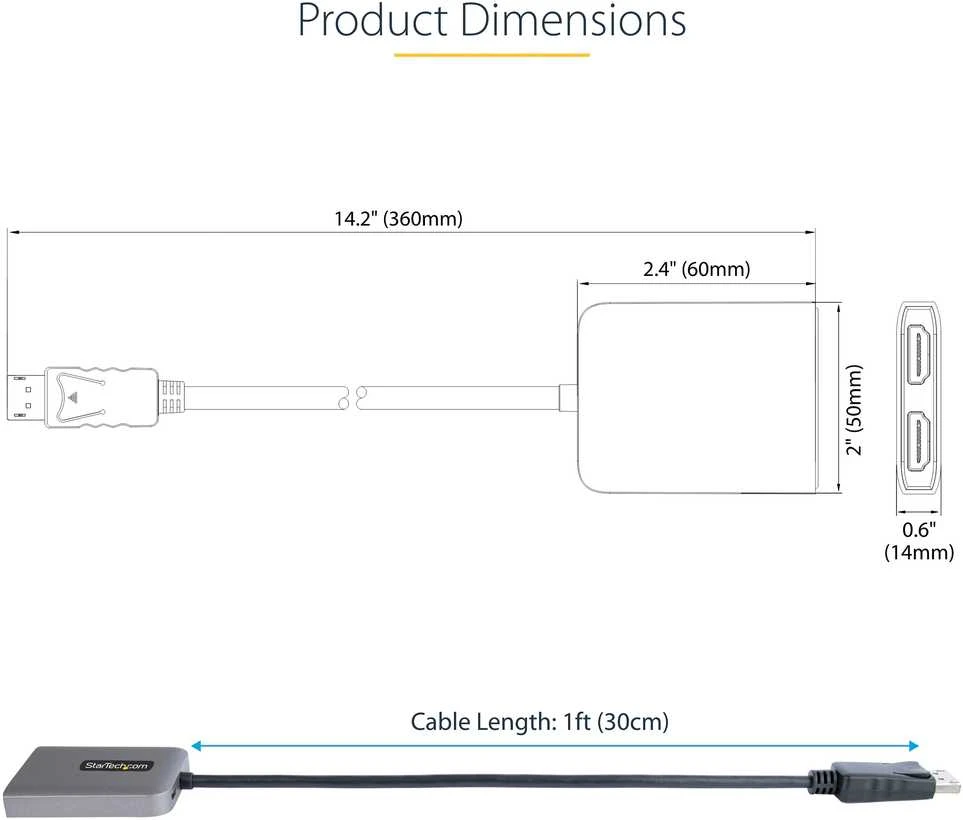 USB adapteris StarTech StarTech .com MST14D122HD kabelio adapteris 0, 3 m DisplayPort 2 x HDMI Juodas, Pilka
