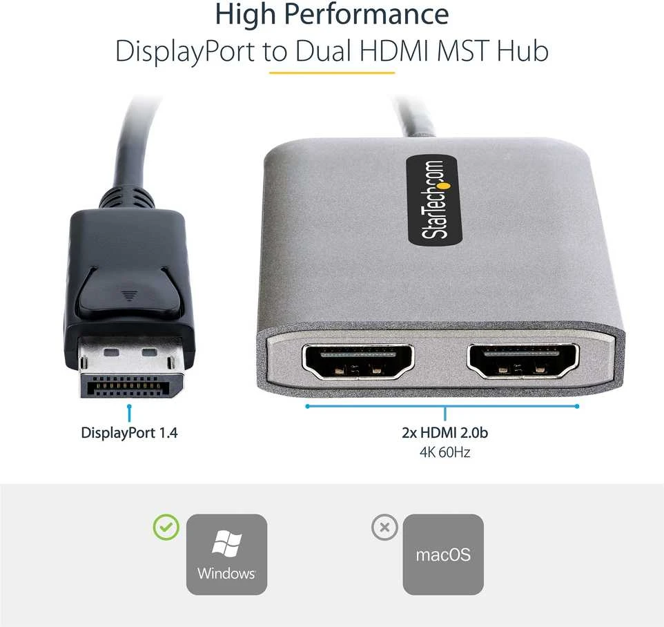 USB adapteris StarTech StarTech .com MST14D122HD kabelio adapteris 0, 3 m DisplayPort 2 x HDMI Juodas, Pilka