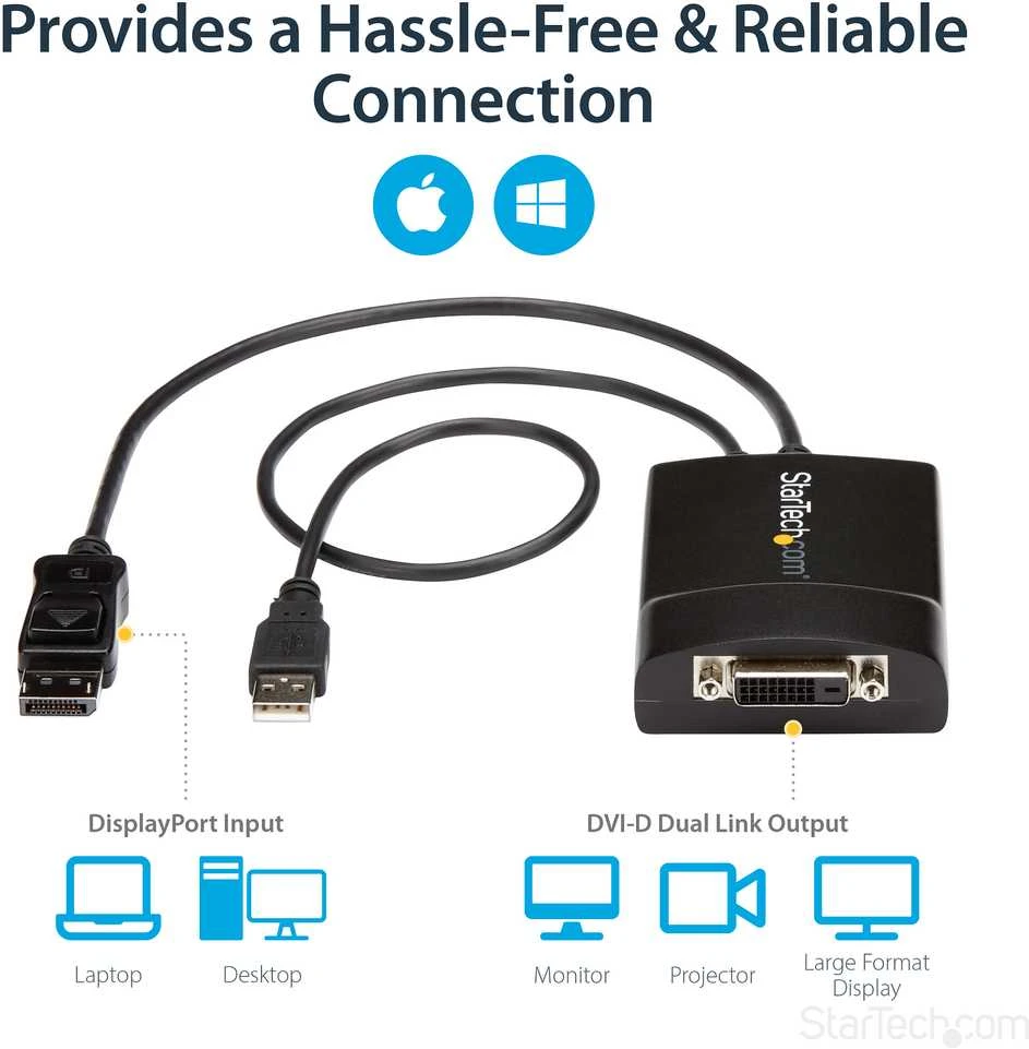 Adapteris AV StarTech DVI-D – DisplayPort + USB-A laidas (DP2DVID2)