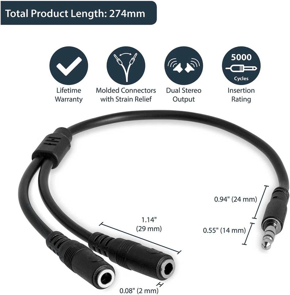 Kabelis StarTech Jack 3.5mm - Jack 3.5mm x2 0.15m juoda (MUY1MFFS)