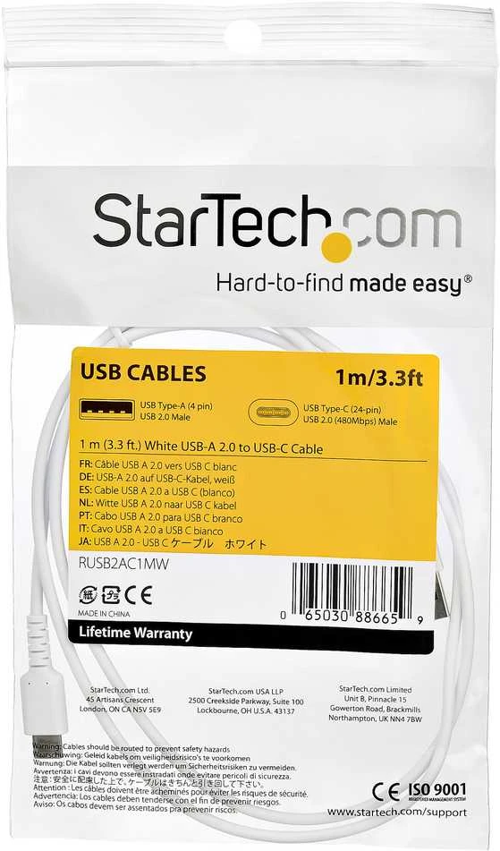Kabelis USB StarTech USB-A - USB-C 1 m Baltas (RUSB2AC1MW)