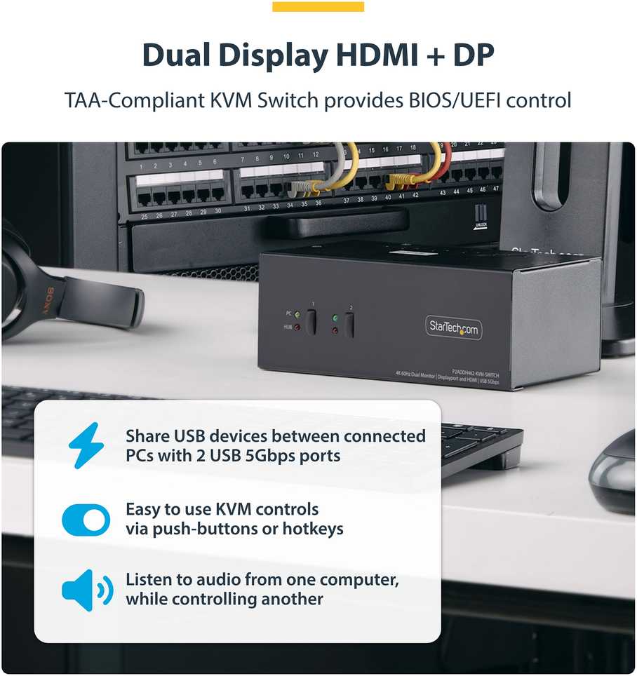 Przełącznik StarTech StarTech.com P2ADDH462-KVM-SWITCH, 3840 x 2160 pikselių, 4K Ultra HD, 36 W, Juodas