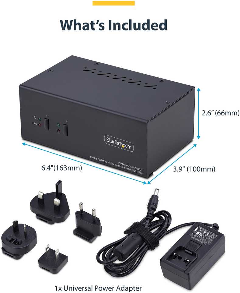 Przełącznik StarTech StarTech.com P2ADDH462-KVM-SWITCH, 3840 x 2160 pikselių, 4K Ultra HD, 36 W, Juodas