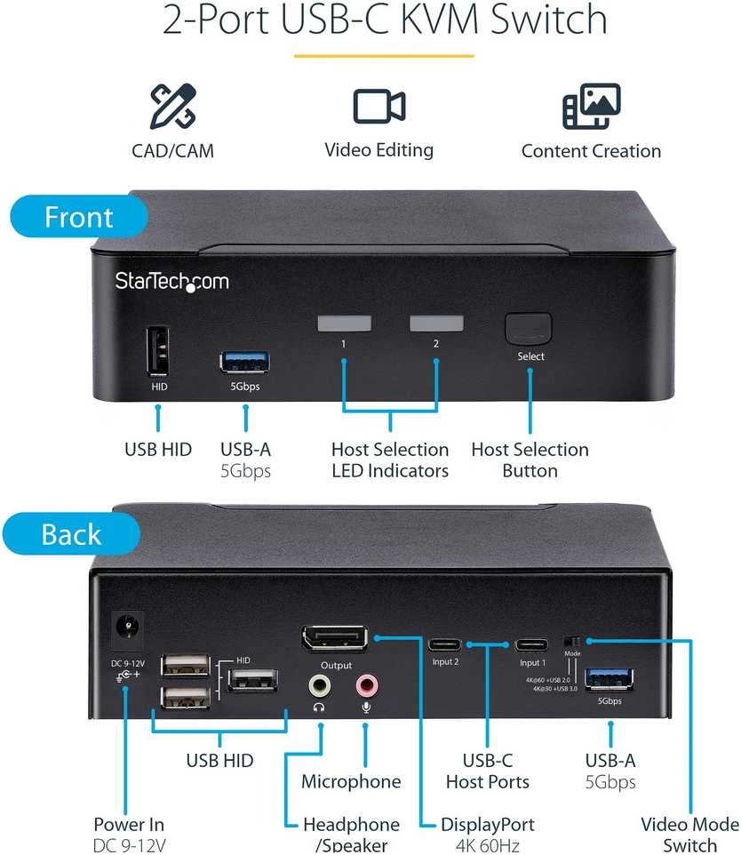 „StarTech“ KVM komutatorius, 2 prievadų, USB-C, KVM komutatorius