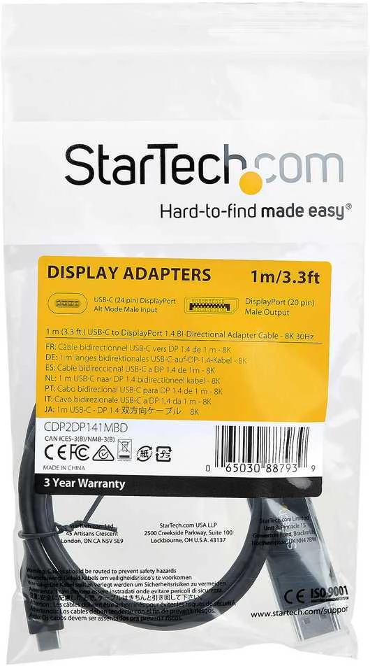 StarTech CDP2DP141MBD USB-C adapterio kabelis USB-C kištukas (DP Old) iki DP 1.4 kištukas, 1m, juodas