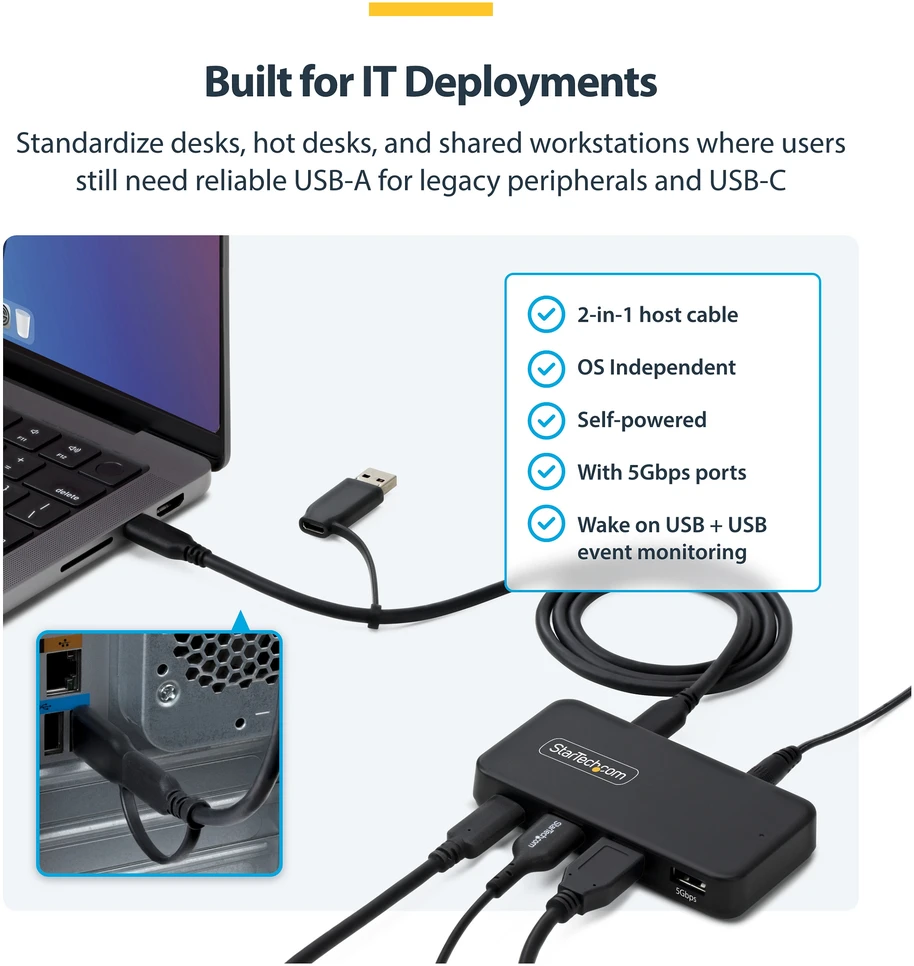 HUB USB StarTech STARTECH.COM 4-Port USB-C i USB-A Hub 5Gbps zasilanie własne 2-in-1 USB-C & USB-A kabelis hosta 1x USB-C 3x USB-A 1x BC 1.2