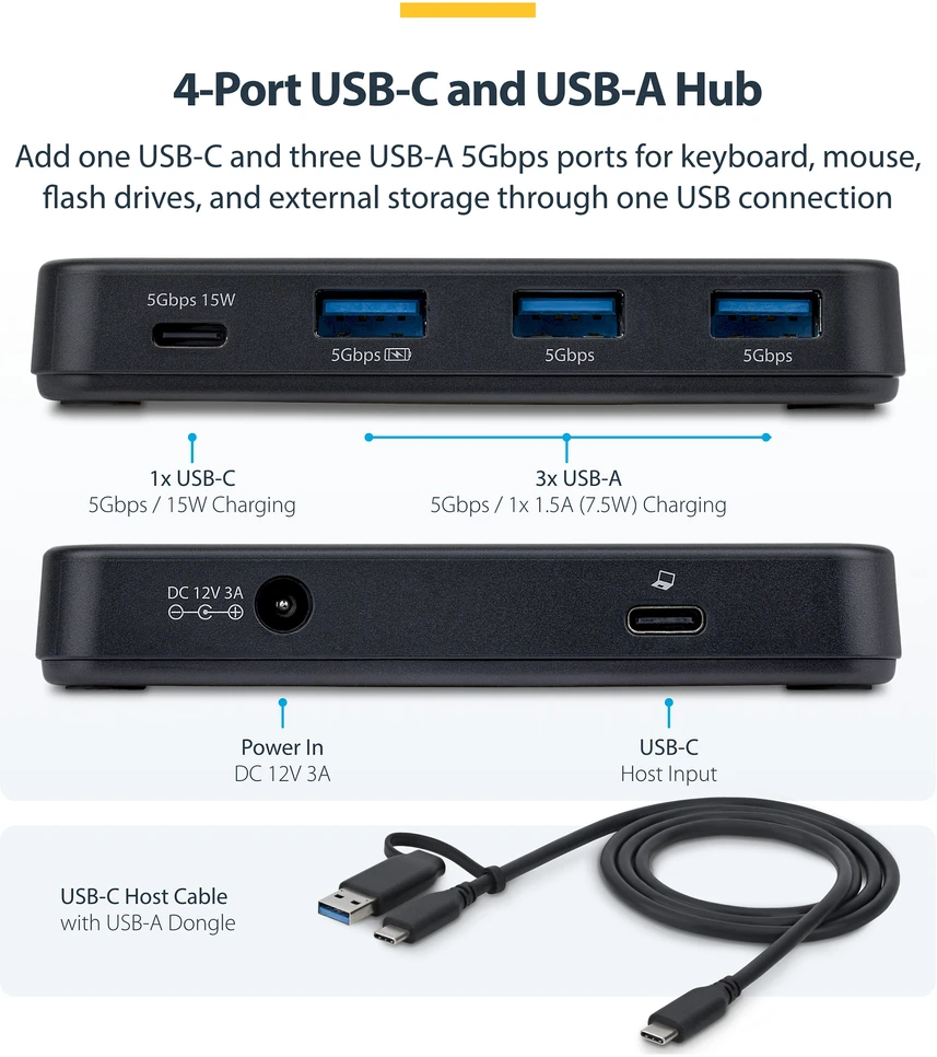 HUB USB StarTech STARTECH.COM 4-Port USB-C i USB-A Hub 5Gbps zasilanie własne 2-in-1 USB-C & USB-A kabelis hosta 1x USB-C 3x USB-A 1x BC 1.2