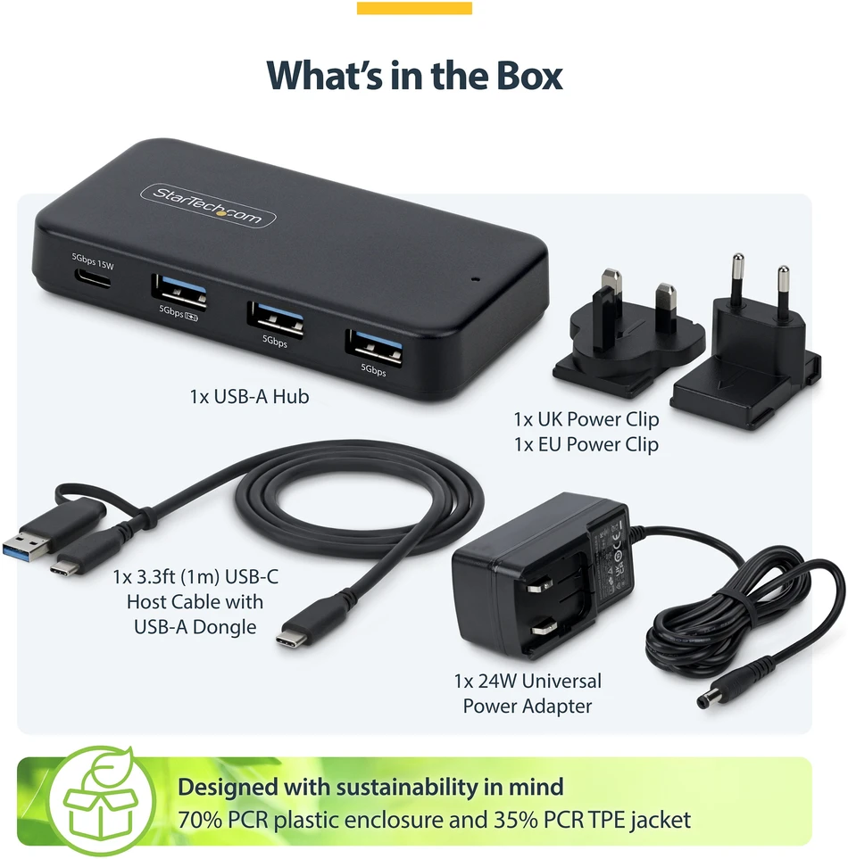 HUB USB StarTech STARTECH.COM 4-Port USB-C i USB-A Hub 5Gbps zasilanie własne 2-in-1 USB-C & USB-A kabelis hosta 1x USB-C 3x USB-A 1x BC 1.2