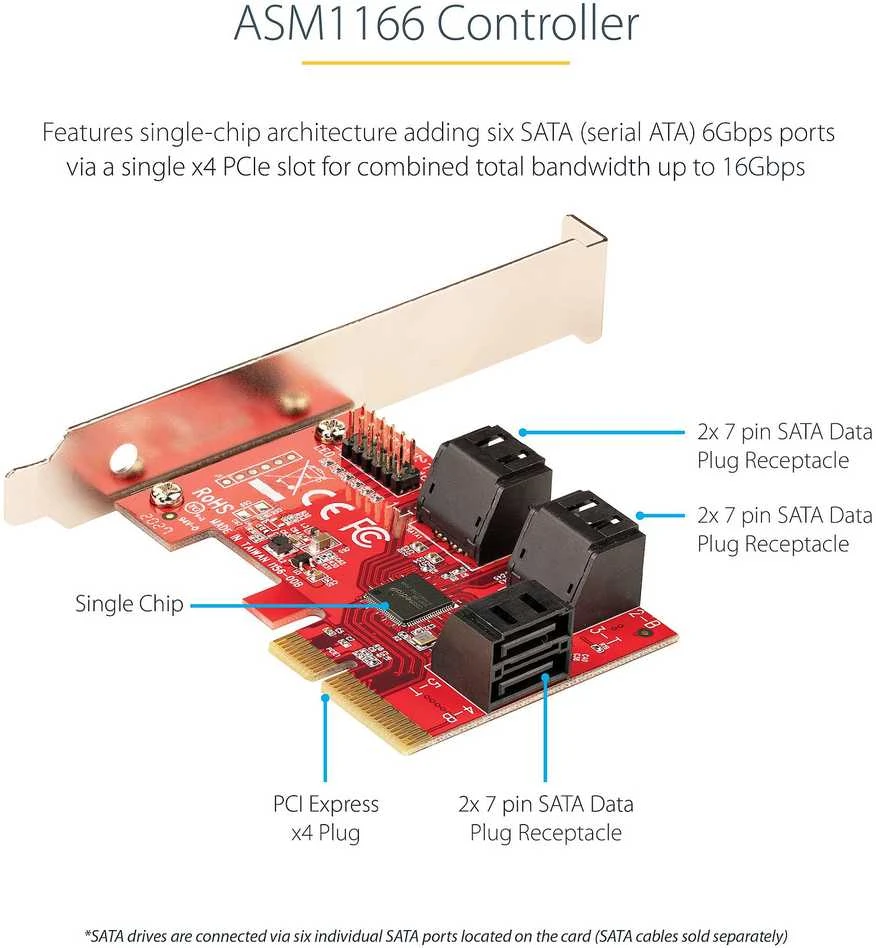 „StarTech SATA PCIE“ plokštė – 6 prievadų (6 GB/s) / PCIE SATA išplėtimo plokštė ASM1166