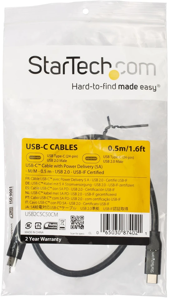 USB kabelis StarTech USB-C - USB-C 0,5 m Juodas (USB2C5C50CM)