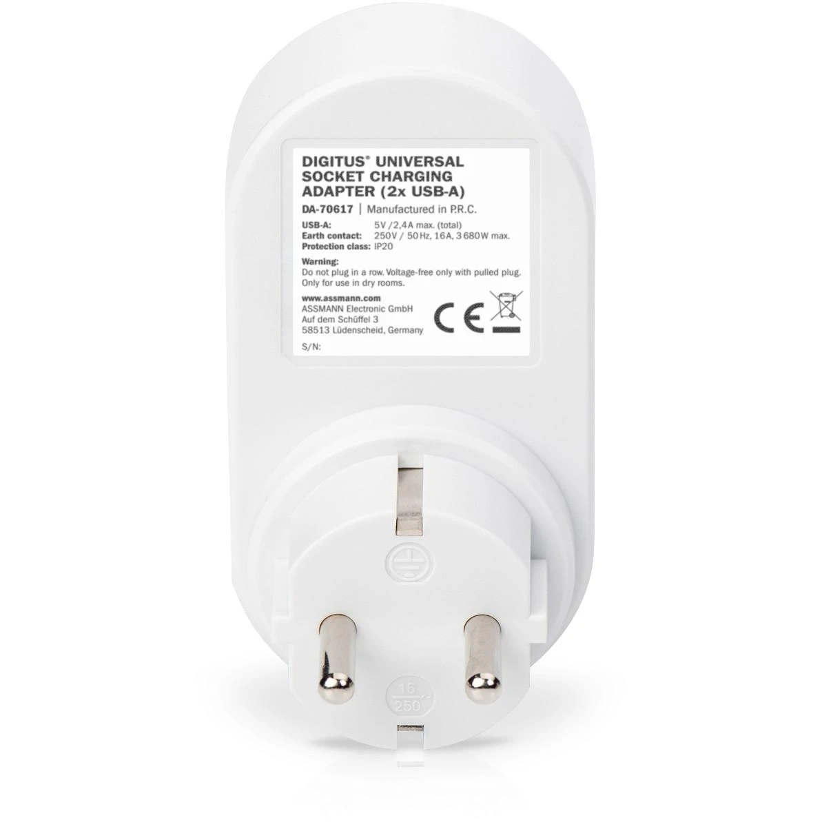 „Digitus“ universalus USB įkroviklis su 2 x USB-A lizdais ir integruotu lizdu | DA-70617