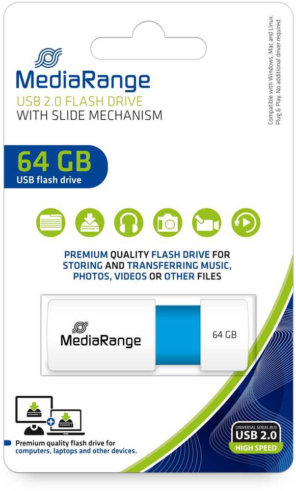Pendrive MediaRange Color EDT. MR974 64GB Mėlyna, Baltas