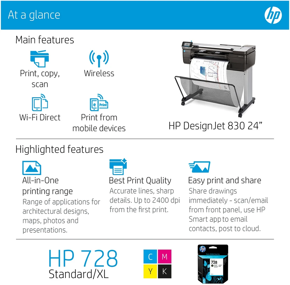 Hewlett Packard (HP) HP DesignJet T830 24 colių daugiafunkcis spausdintuvas su nauju stovu Spausdintuvas